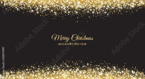 Merry Christmas and New Year card design. Gold glitter decoration on black background