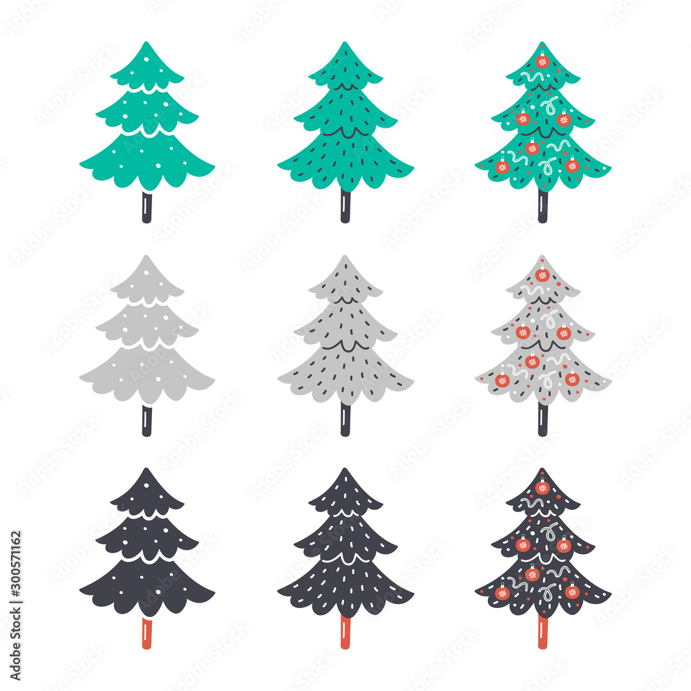 Christmas, New Year vector clipart. Hand drawn flat christmas trees. Colorful clipart. Design elements. 