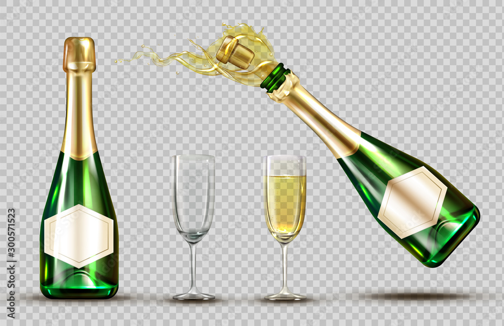 Champagne explosion bottle and wineglasses set. Closed and open bubbly flasks with glasses, sparkling wine drink mock up isolated on transparent background. Realistic 3d vector illustration, clip art - obrazy, fototapety, plakaty 