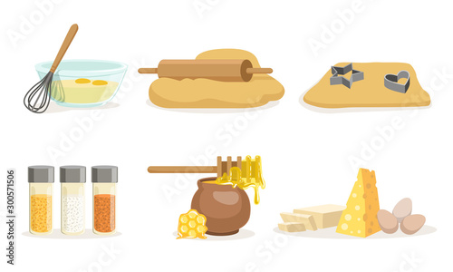 Products, Ingredients And Utensils For Cooking And Baking Vector Illustration Set Isolated On White Background