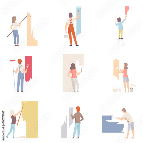 Set With People Painting The Wall Flat Vector Illustration