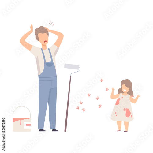 Man Painter And Baby Girl With Fingerprints On The Painted Wall Flat Vector Illustration