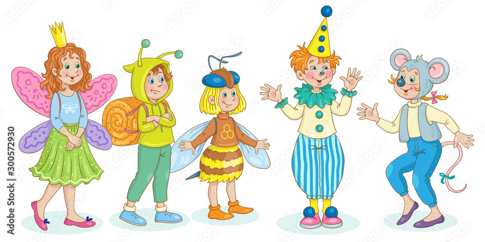Cute little children in carnival costumes. Honey bee, clown, butterfly, snail and mouse. For a school party. In cartoon style. Isolated on  white background. Vector illustration.