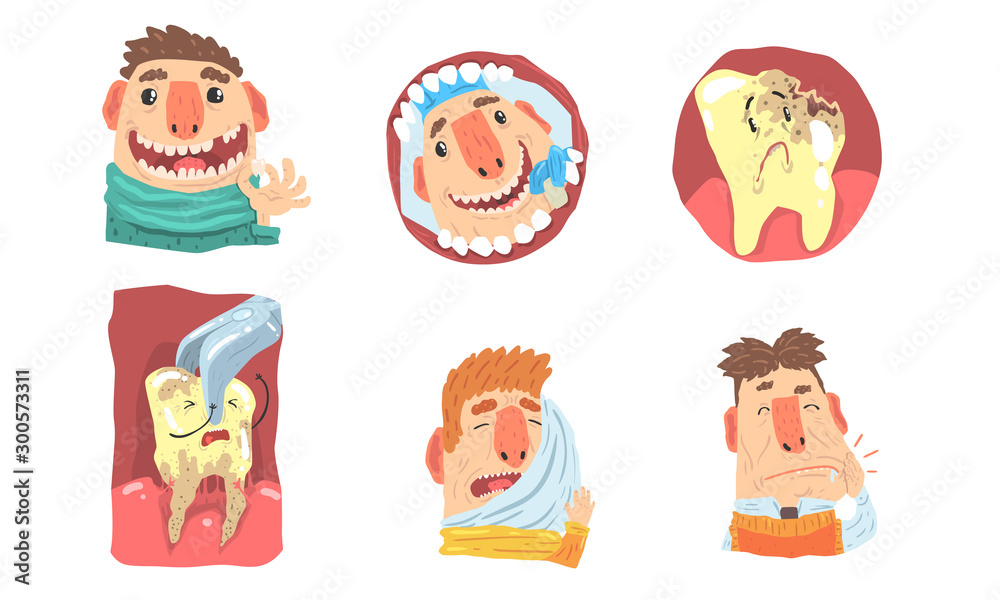 Toothache And Visit To Dental Clinic, Funny Cartoon Characters Illustration Set Isolated On White Background