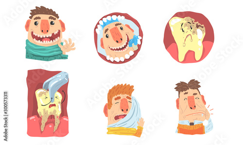 Toothache And Visit To Dental Clinic, Funny Cartoon Characters Illustration Set Isolated On White Background © topvectors