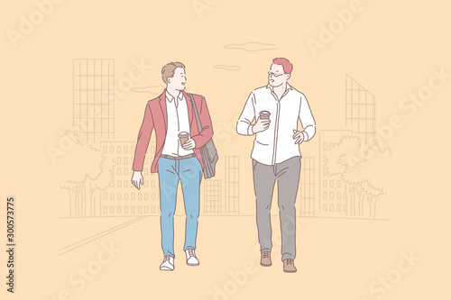 Partnership and friendship, staff cooperation concept. Business lunch, informal negotiations, businessmen walking together, coworkers discussing business at coffee break. Simple flat vector