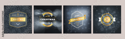 Set of Christmas greeting card templates. Vintage typographic badges, labels. Christmas snowflakes background. Vector Illustration