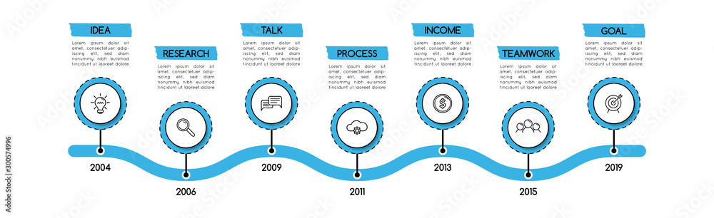 Simple timeline infographic with 7 options. Flowchart. Vector - obrazy, fototapety, plakaty 