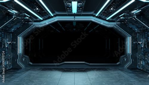 Fototapeta Naklejka Na Ścianę i Meble -  Dark blue spaceship futuristic interior mockup with window 3d rendering
