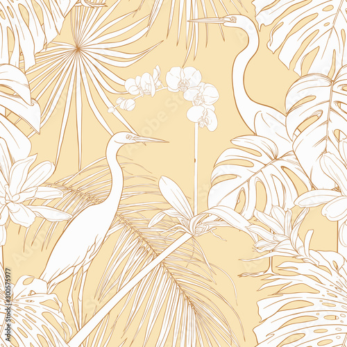 Seamless pattern, background. with tropical plants and flowers with white orchid and tropical birds on soft yellow background.. Outline hand drawing vector illustration.