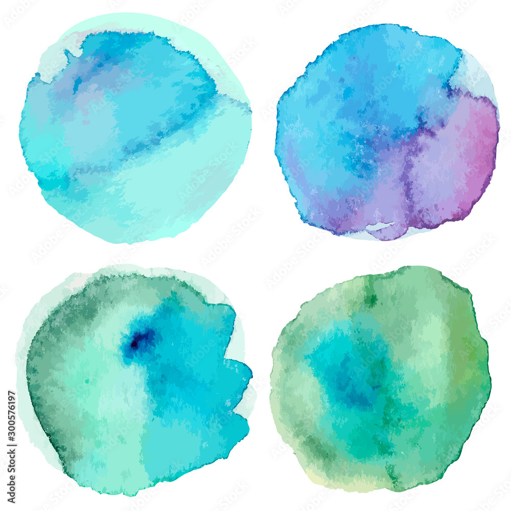 Set of blue green watercolor hand painted round shapes, stains, circles isolated on white. Illustration for artistic design. Vector illustration.