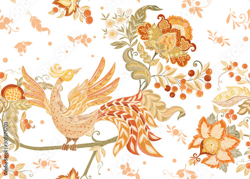 Fantasy floral seamless pattern in jacobean embroidery style, vintage, old, retro style. Vector illustration in soft orange and green colors Isolated on white background.