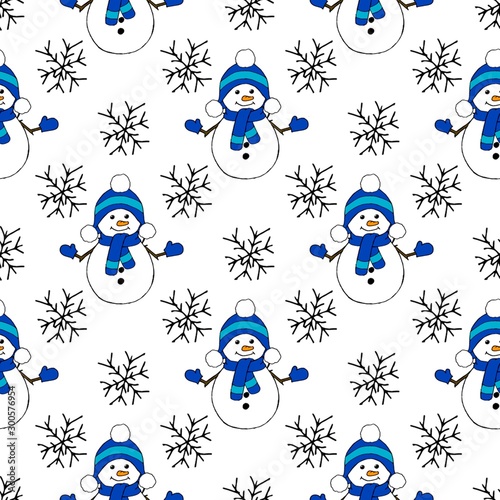 Christmas seamless pattern with snowman  fir trees and snowflakes. Perfect for wallpaper  wrapping paper  pattern fills  winter greetings  web page background