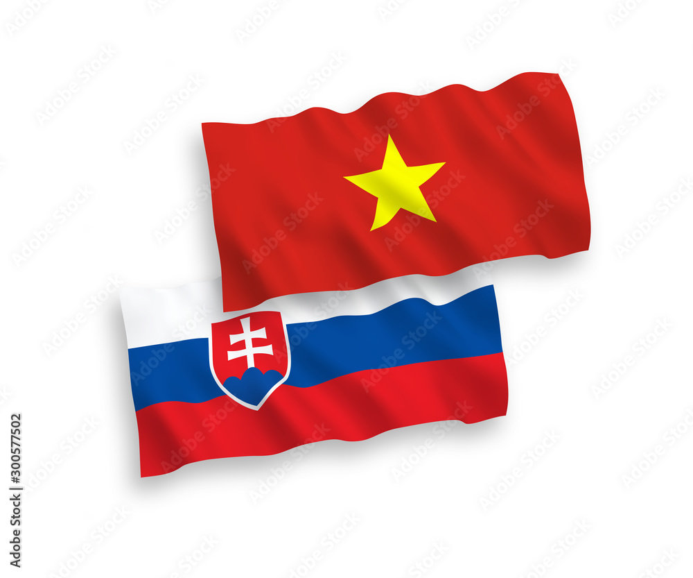 National vector fabric wave flags of Slovakia and Vietnam isolated on white background. 1 to 2 proportion.