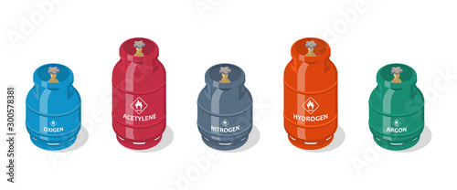 Set of metal containers or cylinders with liquefied compressed natural gases. Gas tanks balloons of various size and color isolated on white background. Isometric vector illustration.