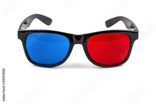 3D plastic glasses isolated on white / anaglyph glasses lie on rims with open earhooks