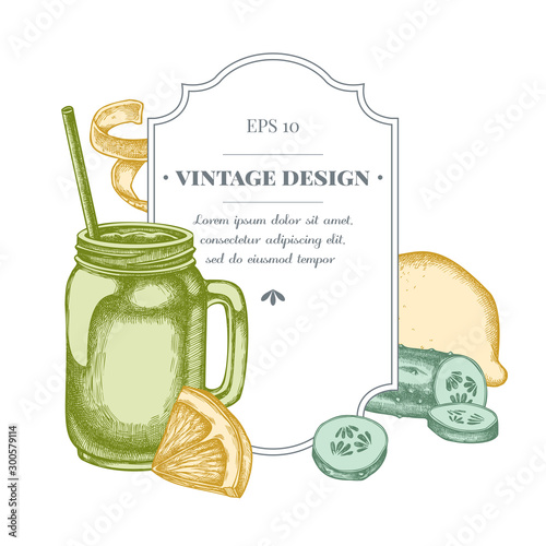 Badge design with pastel lemons, smothie jars, cucumber
