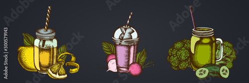 Smothie sets of lemons, broccoli, radish, basil, smoothie cup, smothie jars, cucumber