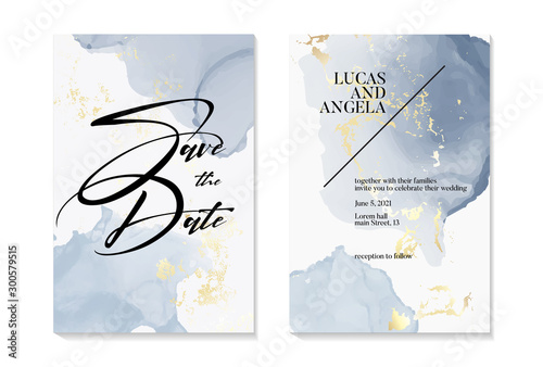 Wedding Save the Date invitations and Card Template Design with gold foil grunge texture and blue liquis watercolor blobs Painted canvas pastel luxurious Gold style Vector Illustration
