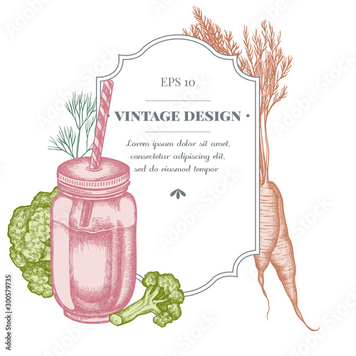 Badge design with pastel broccoli, greenery, carrot, smothie jars