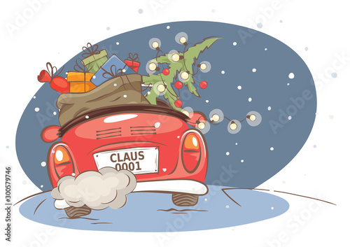 Santa hurries to bring gifts. Christmas card. grandfather with a bag and a Christmas tree in a convertible car, vector illustration. Eps 10.