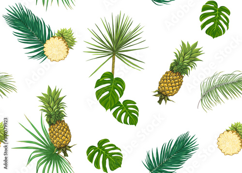 Seamless pattern, background with tropical plants, flowers. Colored vector illustration. Isolated on white background.