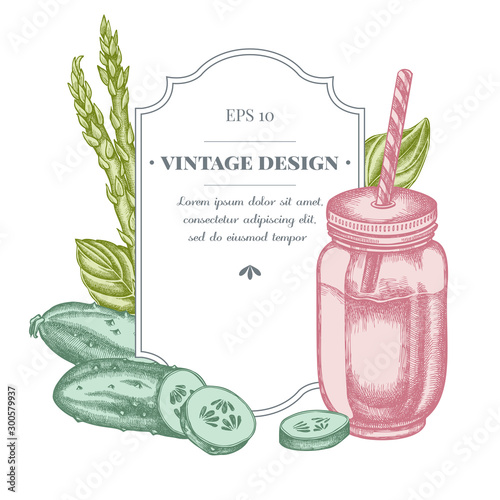 Badge design with pastel green beans, basil, smothie jars, cucumber
