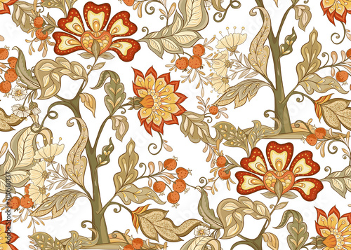 Fantasy floral seamless pattern in jacobean embroidery style, vintage, old, retro style. Vector illustration in soft orange and green colors Isolated on white background.