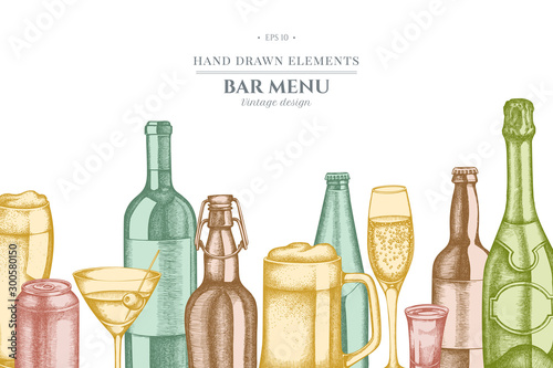 Design with pastel glass, champagne, mug of beer, alcohol shot, bottles of beer, bottle of wine, glass of champagne, glass of wine, glass of martini, aluminum can