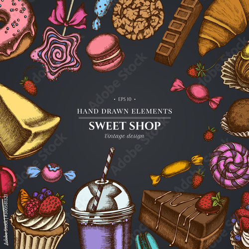 Design on dark background with cinnamon, macaron, lollipop, bar, candies, oranges, buns and bread, croissants and bread, strawberry, milk boxes, smoothie cup, lollipop, smothie jars, cheesecake