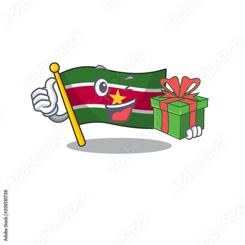 flag suriname isolated in the mascot holding gift