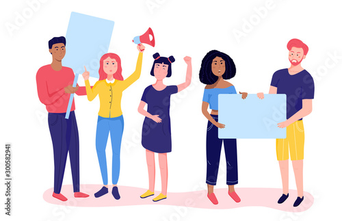 Demonstration on human rights with young people of both sexes, different genders and race, calling for equality. People picket with blank banner and speaking tube protesting against social inequality.