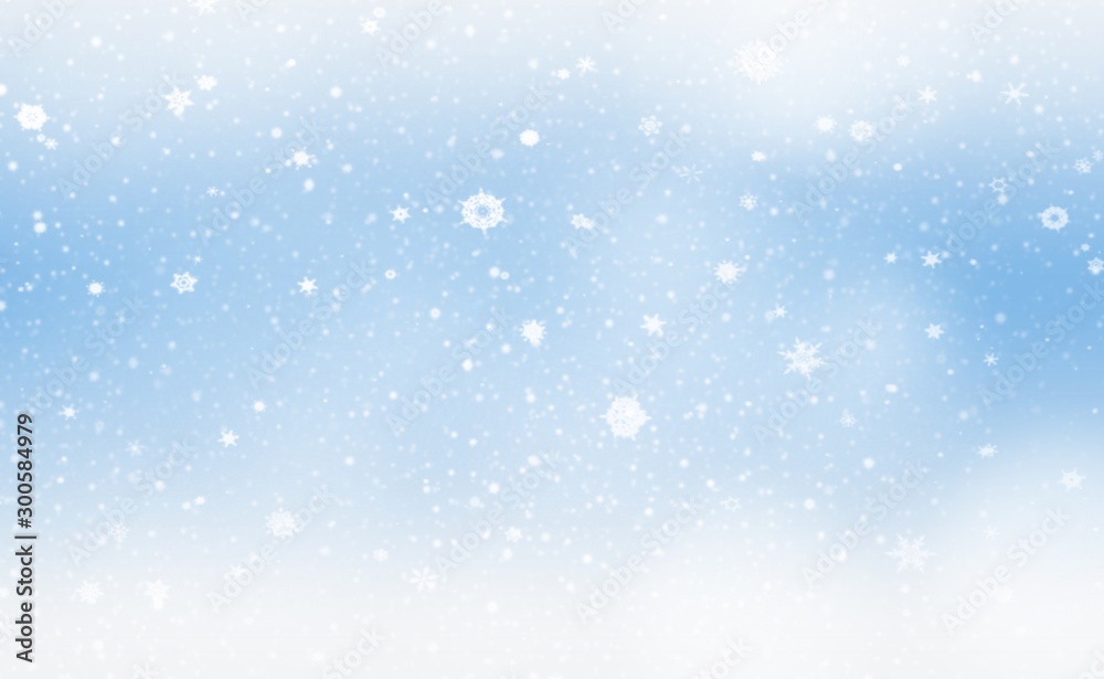 Blue abstract texture background with white light, Christmas illustration white snowflakes blurred