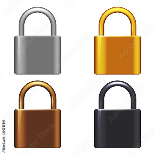 Metal lock 3d realistic security safeguard decoration object isolated on white set vector illustration