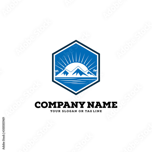 logo design mountains rivers and sun logo vector template