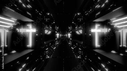 futuristic scifi fantasy tunnel with holy christian glowing cross 3d illustration wallpaper background