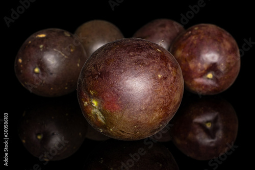 Group of five whole sweet dark purple passion fruit isolated on black glass