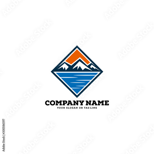 logo design mountains rivers and sun logo vector template