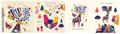 Christmas decorative illustrations with colorful deer and bird.