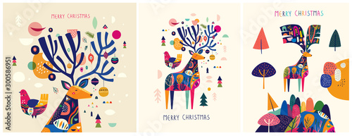 Christmas decorative illustrations with colorful deer.