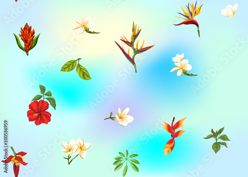 Seamless pattern, background with tropical plants, flowers. Colored vector illustration. In light ultra violet pastel colors on mesh pink, blue background