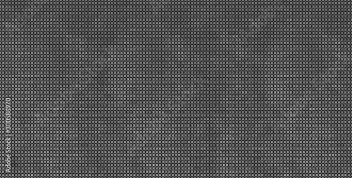 Grey metal steel grid panel. Black mosaic tile wall pattern