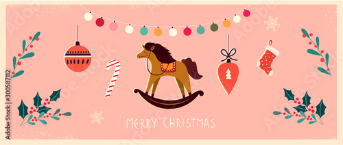 Christmas banner with horse and Christmas toys in vintage style