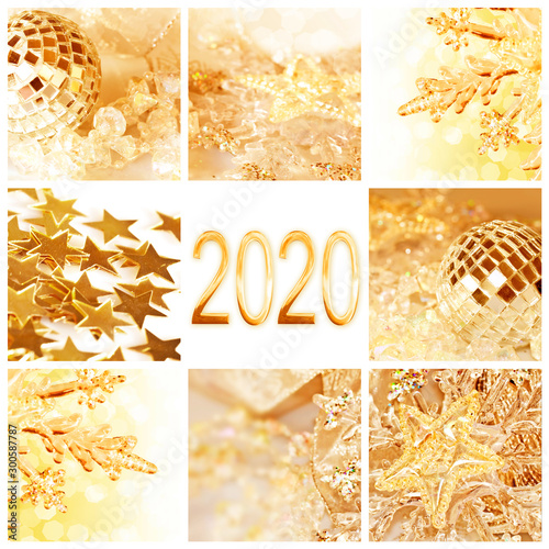 2020, golden christmas ornaments collage square new year and holiday greeting card photo