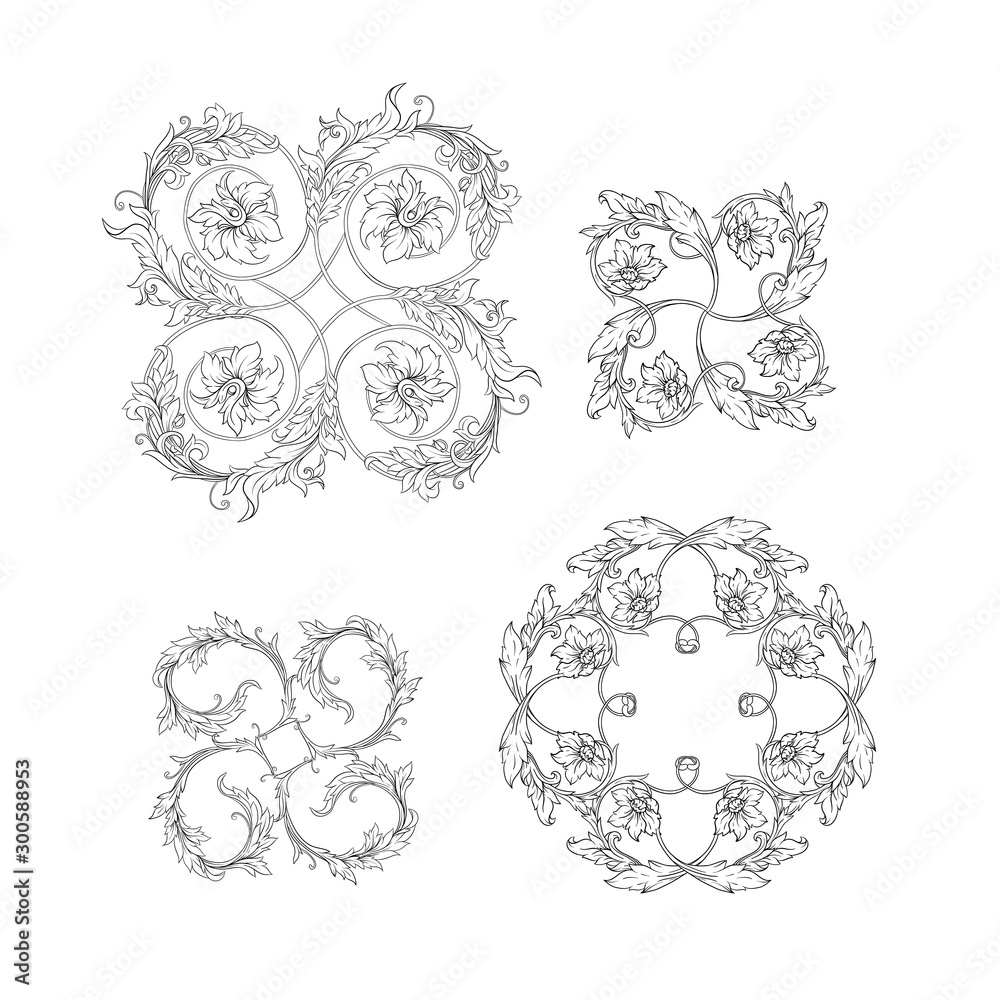 Elements In baroque, rococo, victorian renaissance style. Trendy floral vintage pattern. Vector illustration