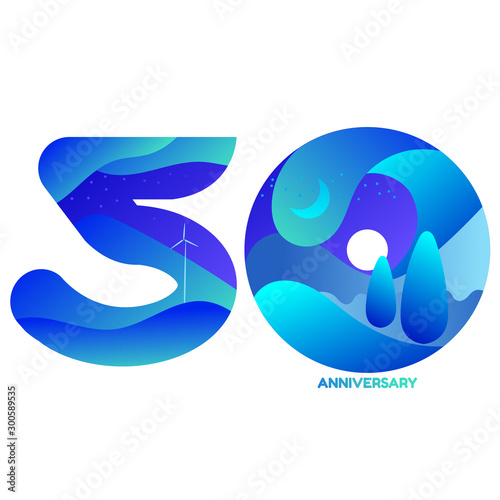 Celebrating, anniversary of number 50, 50th year anniversary, green concept cool tone with blue and green for invitation card, backdrop, birthday card, label, banner, website or stationary