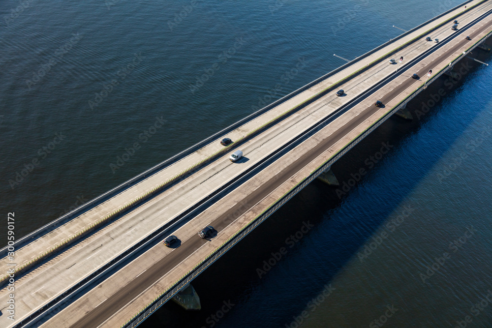 Aerial view of the Ketelbrug is bridge spanning the Ketel-lake in the Dutch province of Flevoland, The Netherlands