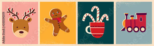 Christmas banner with deer,  locomotive, gingerbread and caramel in vintage style