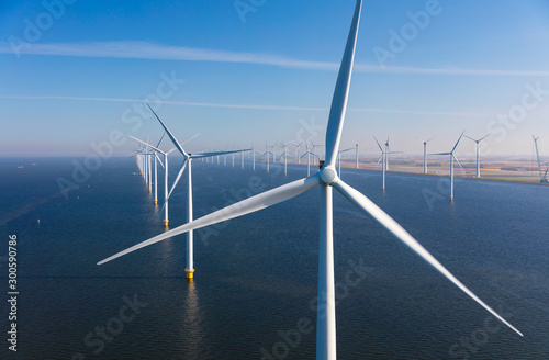 Aerial view of wind turbines at sea, North Holland, Netherlands photo