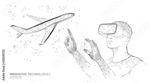 Airplane flying VR screen analysis. Flight up tourism journey virtual reality glasses. Transportation technology banner template. Low poly 3D vector illustration